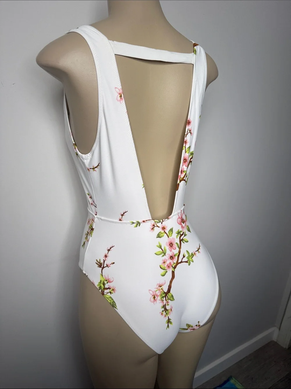 Forever 21 White Floral Plunge One-Piece Swimsuit